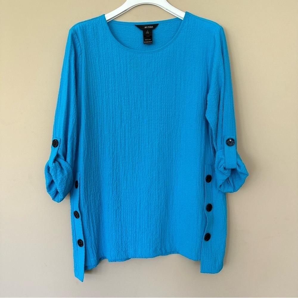 Ali Miles Women S Blue Artsy Tunic Top Button Side Long Sleeve Modest Lagenlook